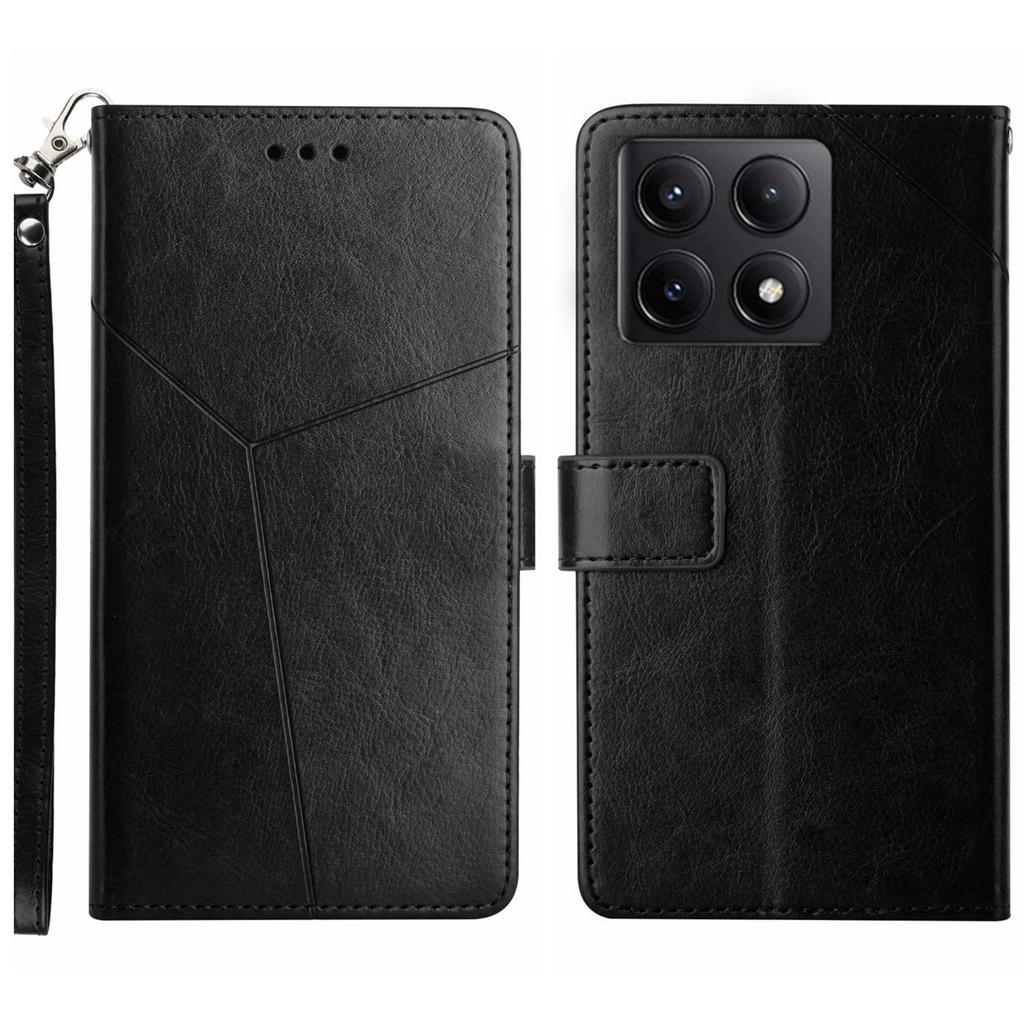 For Xiaomi 14T Pro Case with Wrist Strap Y Shaped Lines Imprint Leather Phone Cover