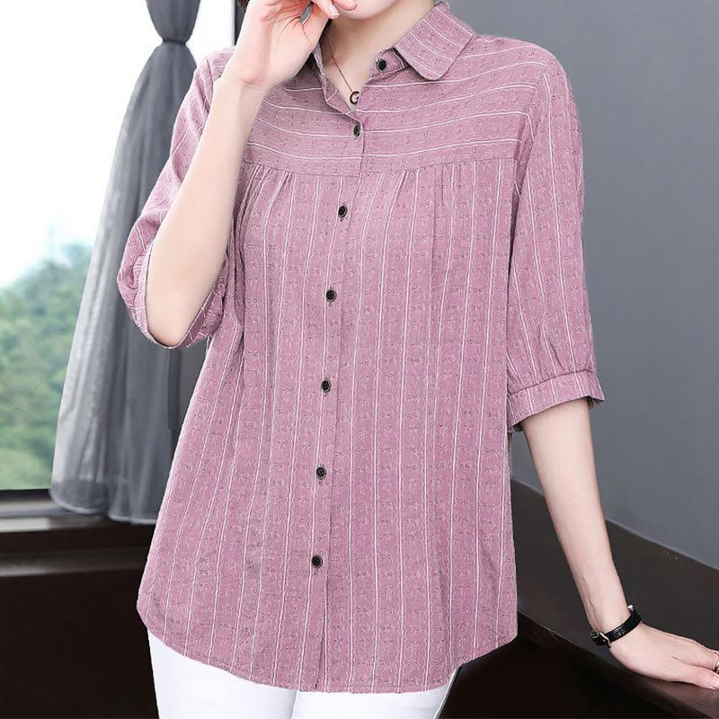 Casual Fashion Elegant Solid Color Striped Printed Button Shirt Summer New Polo-Neck Half Sleeve Loose Tops Ladies Clothing