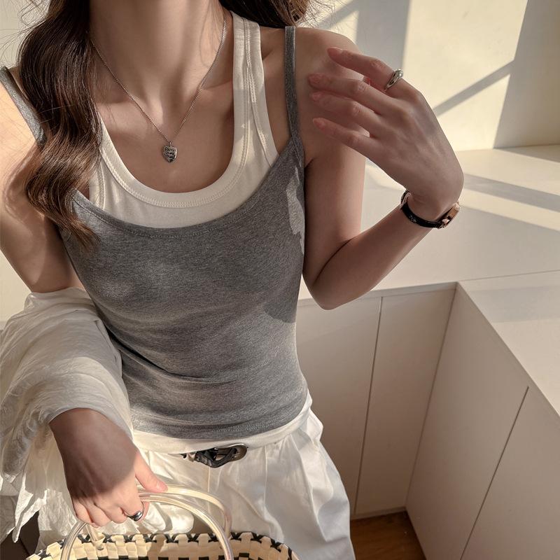 Ladies Layered Look Ribbed Knit Tank Top Contrast Color U Neck Sleeveless Fitted Everyday Blouse S