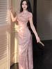 Women's Summer Waist-Cinched Satin Jacquard Qipao Dress with Stand Collar