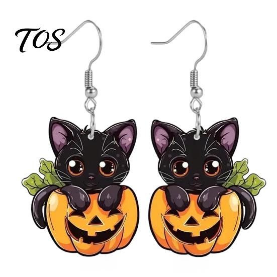 Cute Pumpkin Dangle Earrings Halloween Black Cat Earrings, Cartoon Animal Drop Jewelry Polished Smooth Edge for Women Girls, Novelty Holiday