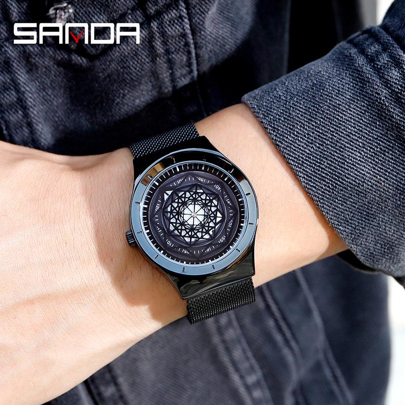 Sanda Men's Quartz Watch with Geometric Dial and Leather or Mesh Strap