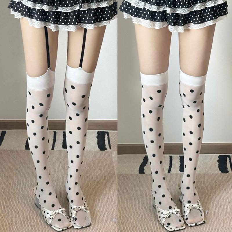 Sommer Dünne Strümpfe Damen Sexy Strumpfhalter Gepunktet Sexy Hohe Schlauchsocken Jk Lolita Weiß Dünn Bedruckt Lange Schlauchsocken