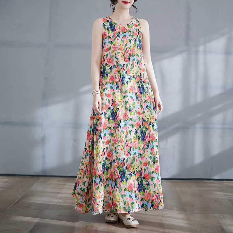 Long Skirt Summer New Round Neck Printed Dress