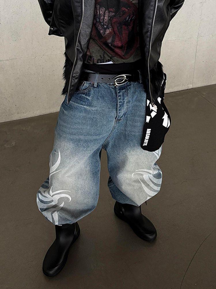 Y2K American Vintage Mottled Totem Print Baggy Jeans Women's High Waist Wide Leg Jeans Women's Harajuku Trendy Hip-hop Jeans