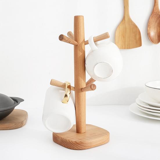 Cup Rack Space-saving Double Layer 6 Claws Wooden Coffee Mug Tree Counter Organizer Household Supplies