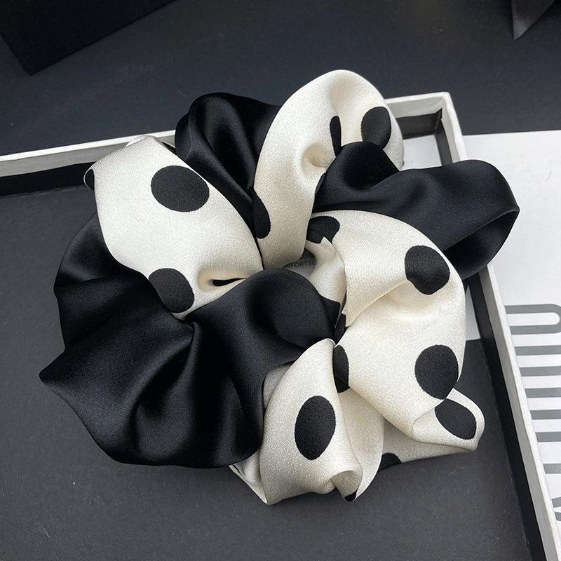 Elegant Satin Black & White Polka Dot Hair Tie: Korean-Style Bun Headwear