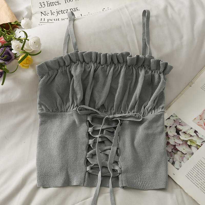Short Style Crop Top with Exposed Navel and Black Fungus Edge Slim Fit Camisole Women's New Style Drawstring Tied Knit Vest Summer