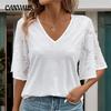 Summer Women's T-shirt Lace Splicing Flare Sleeve Solid Colour Shirt V-Neck Short Sleeve Top