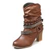Vintage Belt Buckles Women Boots Autumn Winter Patchwork Square Heels Round Toe Ankle Boots Ladies Boots 758