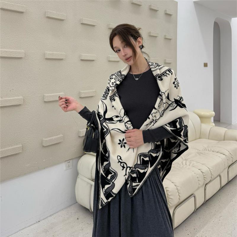 Autumn and Winter Wool Silk Thick Jacquard Shawl Women's High Sense Enlarged Versatile Scarf Dual-purpose Thermal Blanket