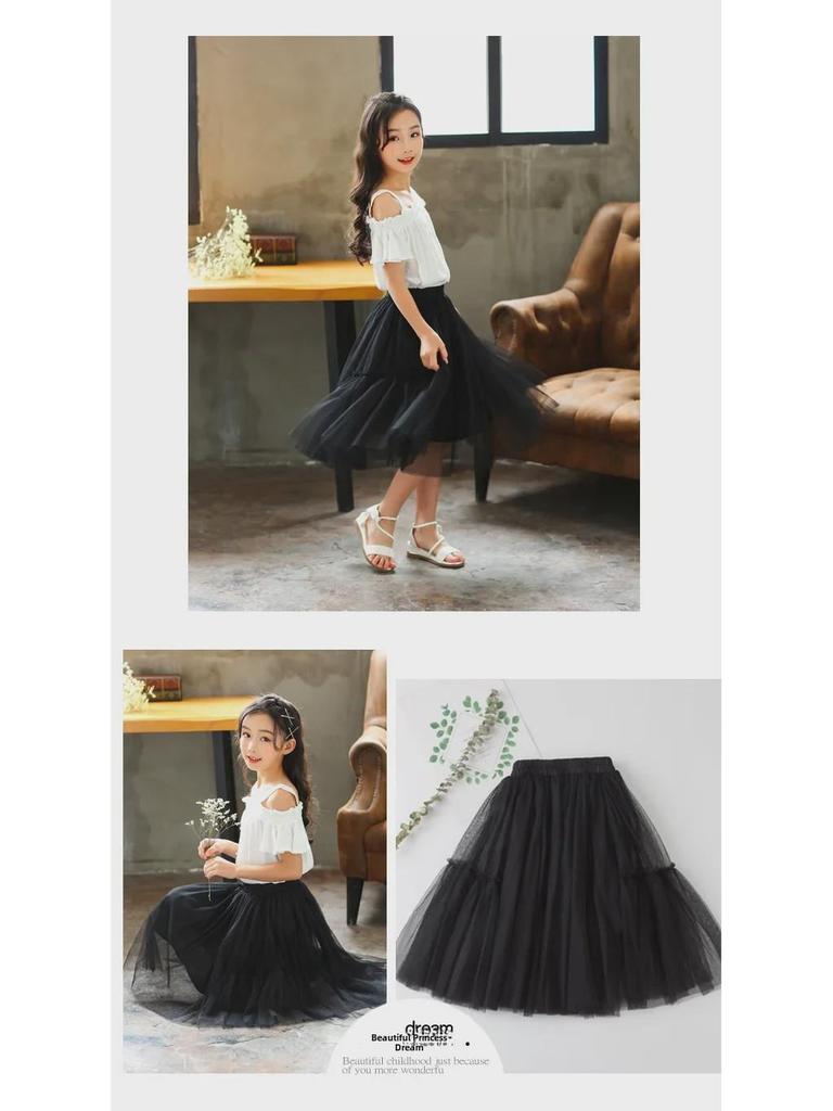 Girls' Mesh Long Skirt - 2023 Spring & Autumn Collection for Middle & Large Children, Versatile Four Seasons Puffy Skirt