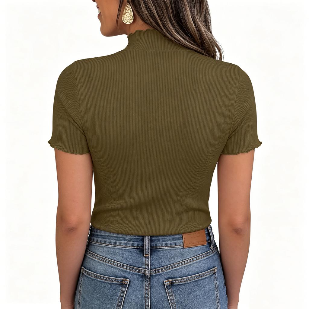 Ribbed Knit Short Sleeve Blouses for Women Casual Mock Neck Women's Short Sleeve Tops Stretchy Slim Fit Womens Short Sleeve Blouses Pullover Style