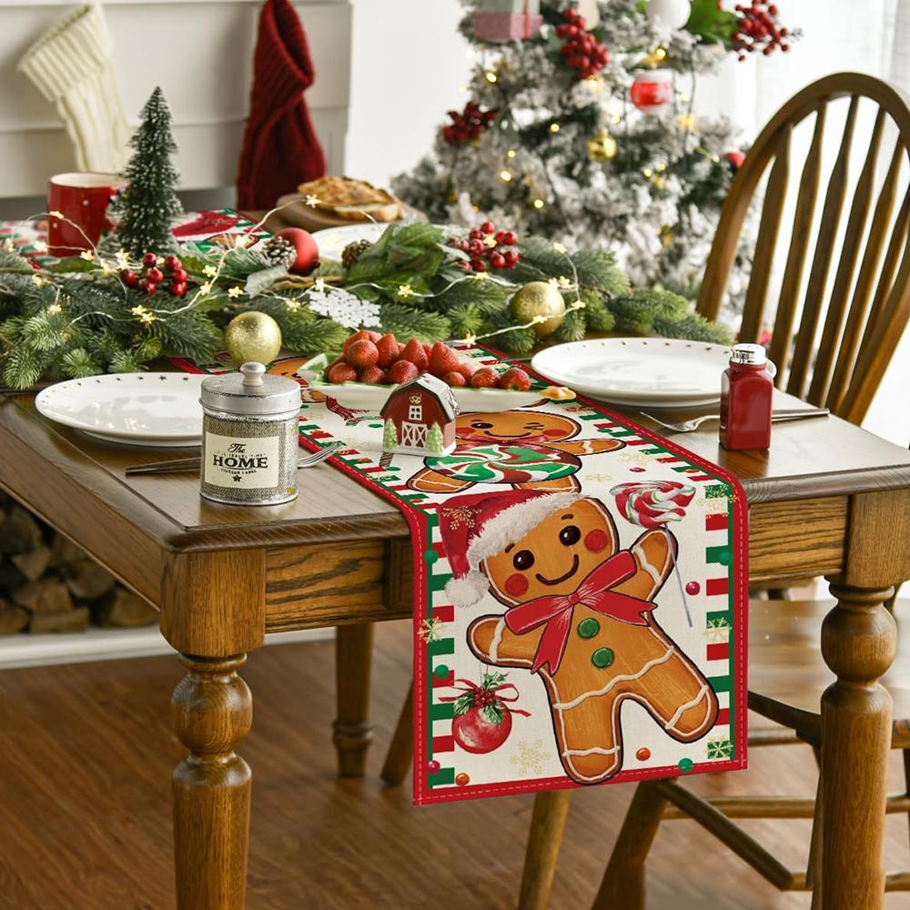 Gingerbread Candy Cane Christmas Table Runner for Home Party Decor, 33x183cm
