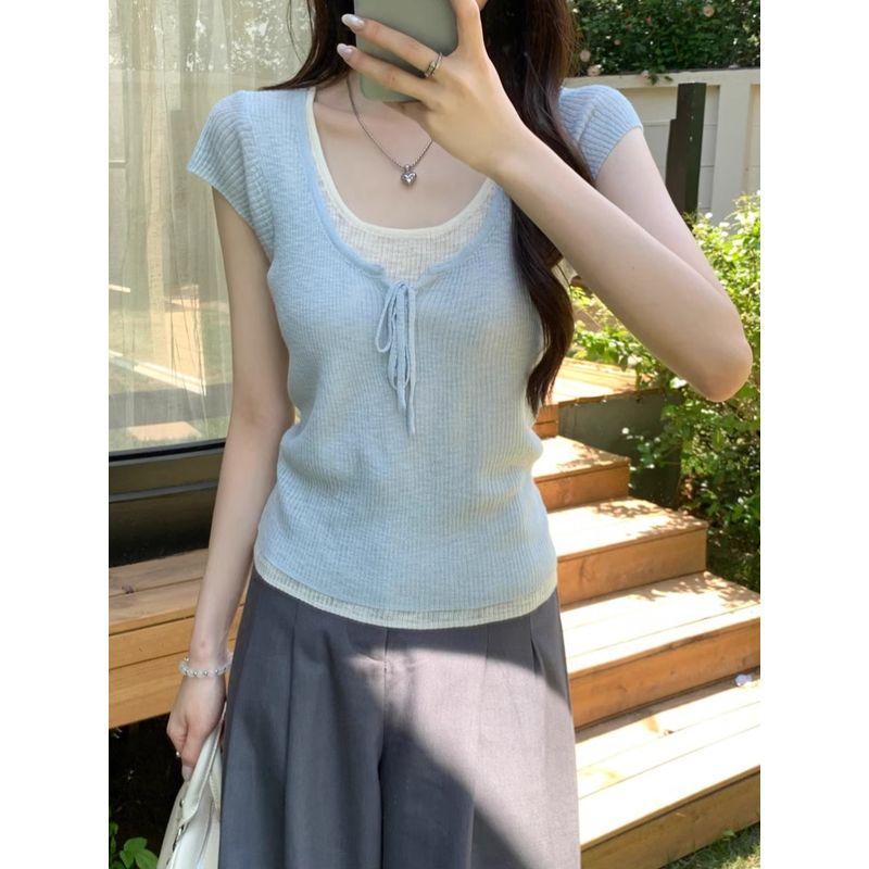 Kumikumi Sweet Style Contrast Color Patchwork Short sleeve knit Women Summer Age-Reducing Chic Lace-up Fake Two Pieces Top