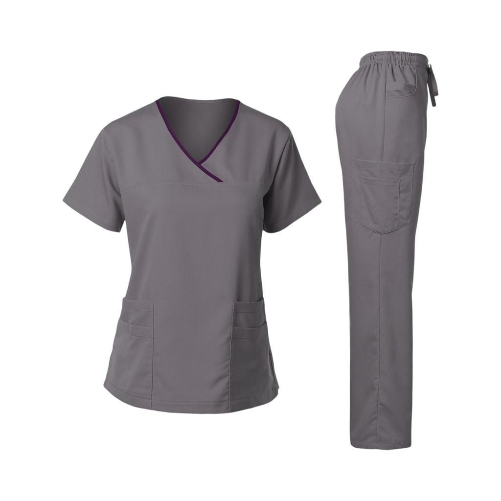 Ladies' Loose And Comfortable V-neck Short Sleeved Workwear With Multiple Pockets Suit Set