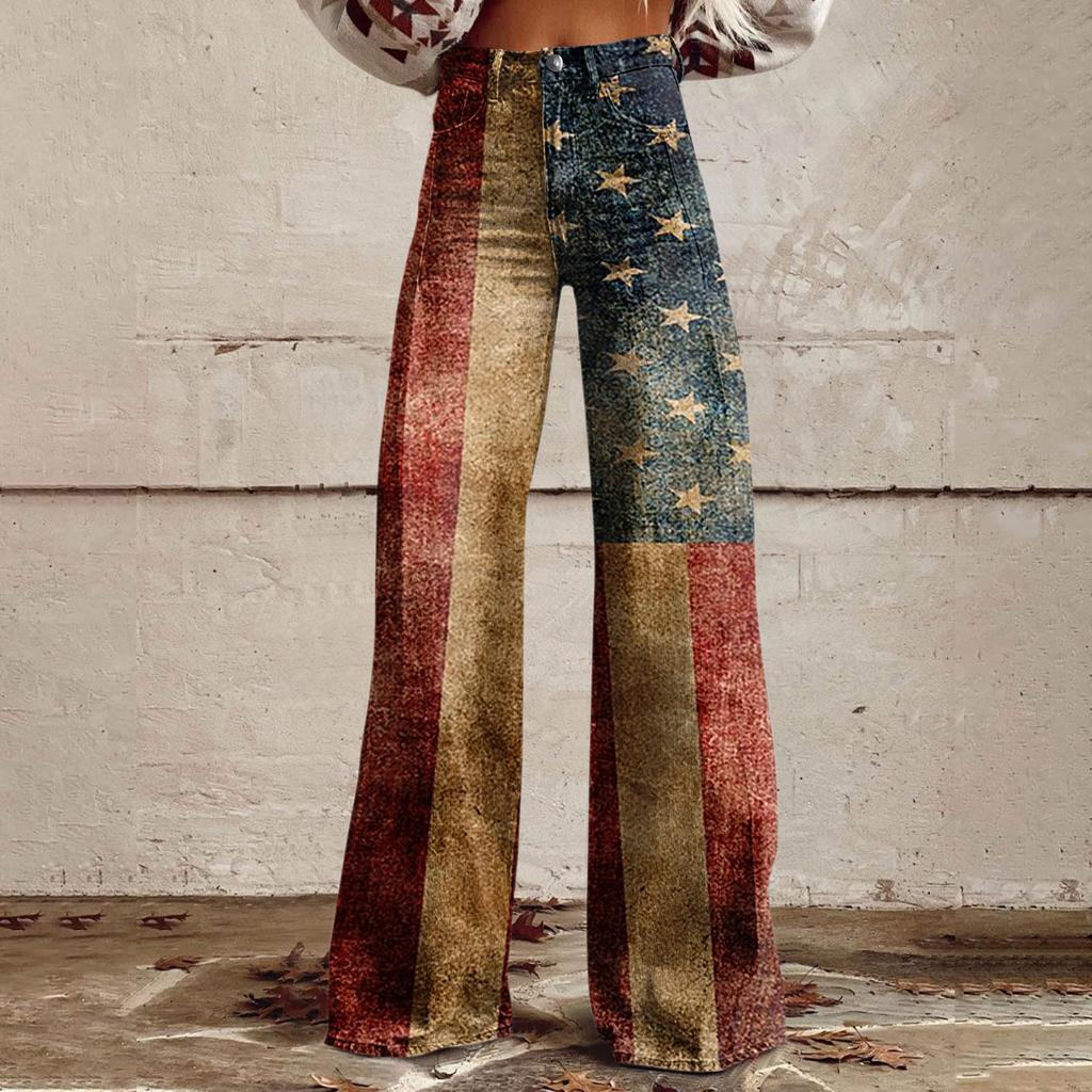 Wide Leg Flare Jeans For Women With Pockets Baggy Pants Vintage Floral Print High Waisted Loose Pant