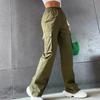 Pantalones cargo verde militar para mujer, cintura alta, pierna ancha, bolsillos grandes, ropa de entrenamiento, ropa informal para correr.