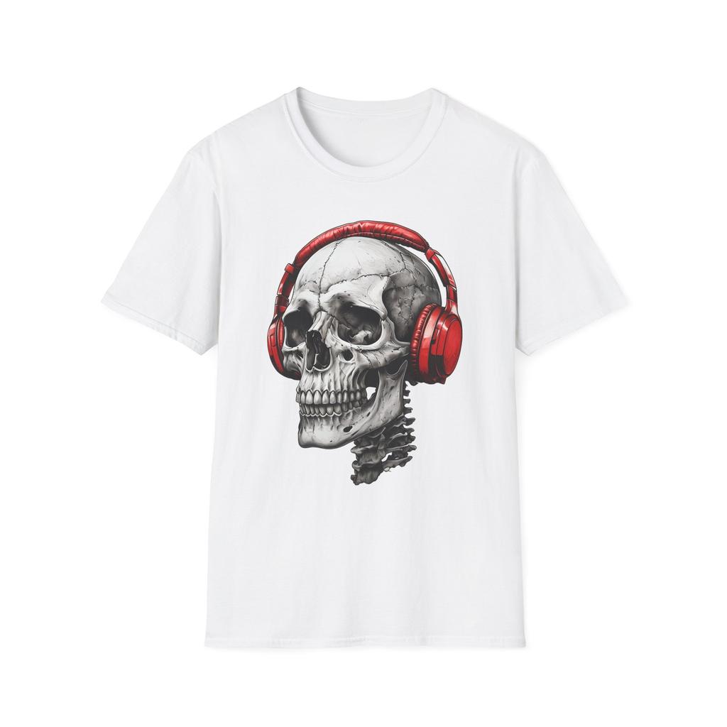 Skull w/ Red Headphones Unisex Graphic T-Shirt, Party Music T, for Mens & Womens