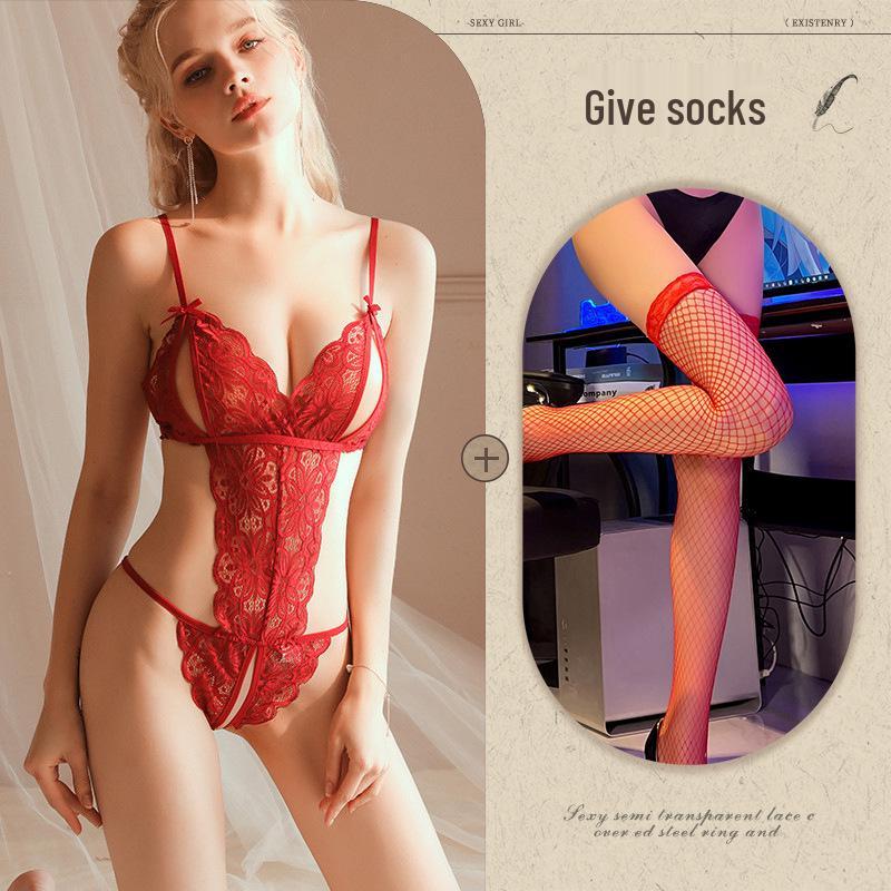 Midnight Whisper: Women's Sexy Lace Lingerie Bodysuit Set with Alluring Hollowed Design