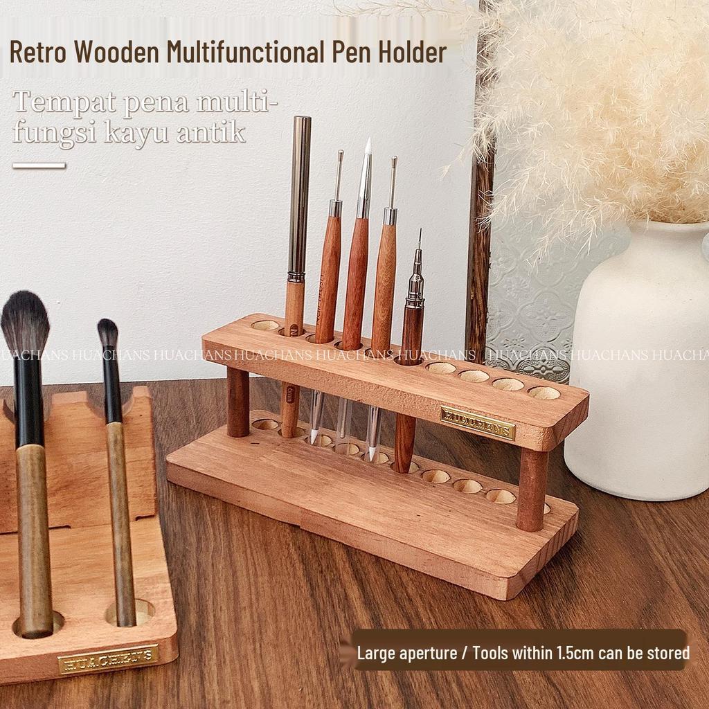 Retro Wooden Multifunctional Nail Art Pen & Brush Holder