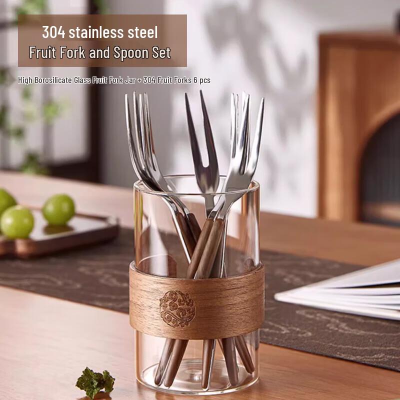 Stainless Steel Fruit Fork Set with Glass Jar