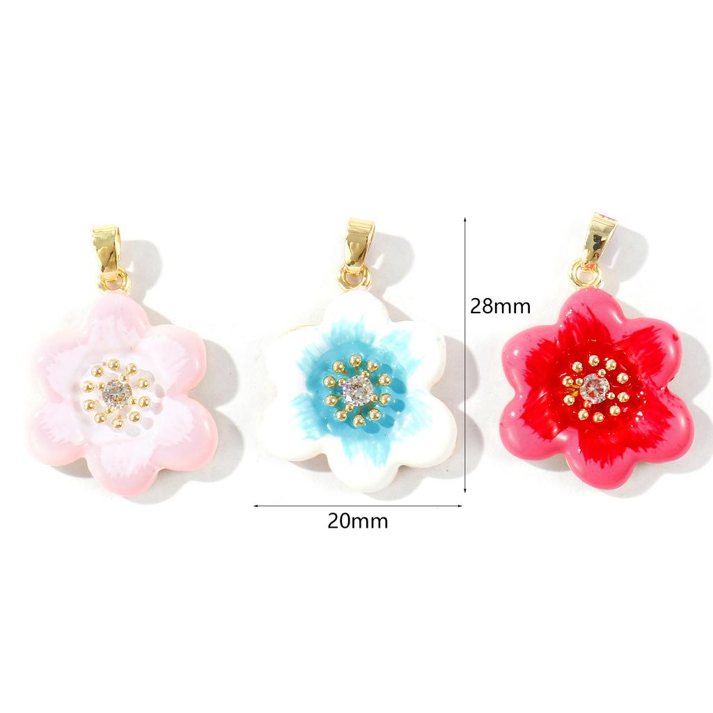 2PCs Enamel Flower Charm Clear Cubic Zirconia Brass 18K Gold Plated Pendants For DIY Necklace Jewelry Making Findings 28mmx20mm