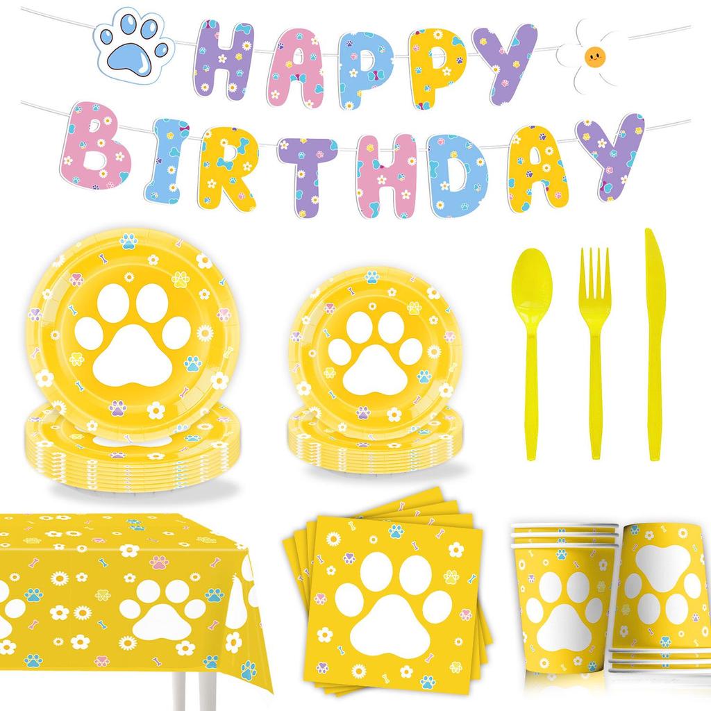 Cute Dog Paw Party Supplies: Disposable Tablecloth, Plates, Napkins, Cups, Decorations.