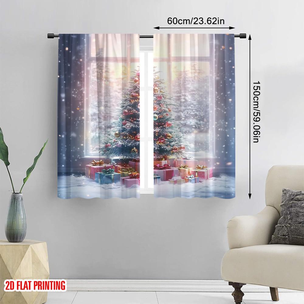 2pcs 2D flat printing Merry Christmas Window Drapes Christmas trees and gifts Polyester Without Electricity Birthday Party for