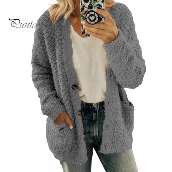 Thicken Women Winter Coat Plush Solid Color Long Sleeves Cozy Lady Keep Warm Cardigan Plus Size Single-breasted for Outdoor