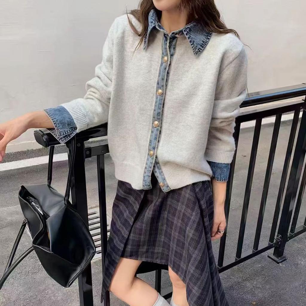 Japan and Korea splicing denim design sense knitted cardigan 1011 autumn and winter new loose casual sweater jacket women's clothing