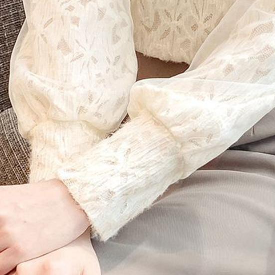 Women Tops Long Sleeve Lace Spliced Slim Fit Half High Collar Pullover Tops