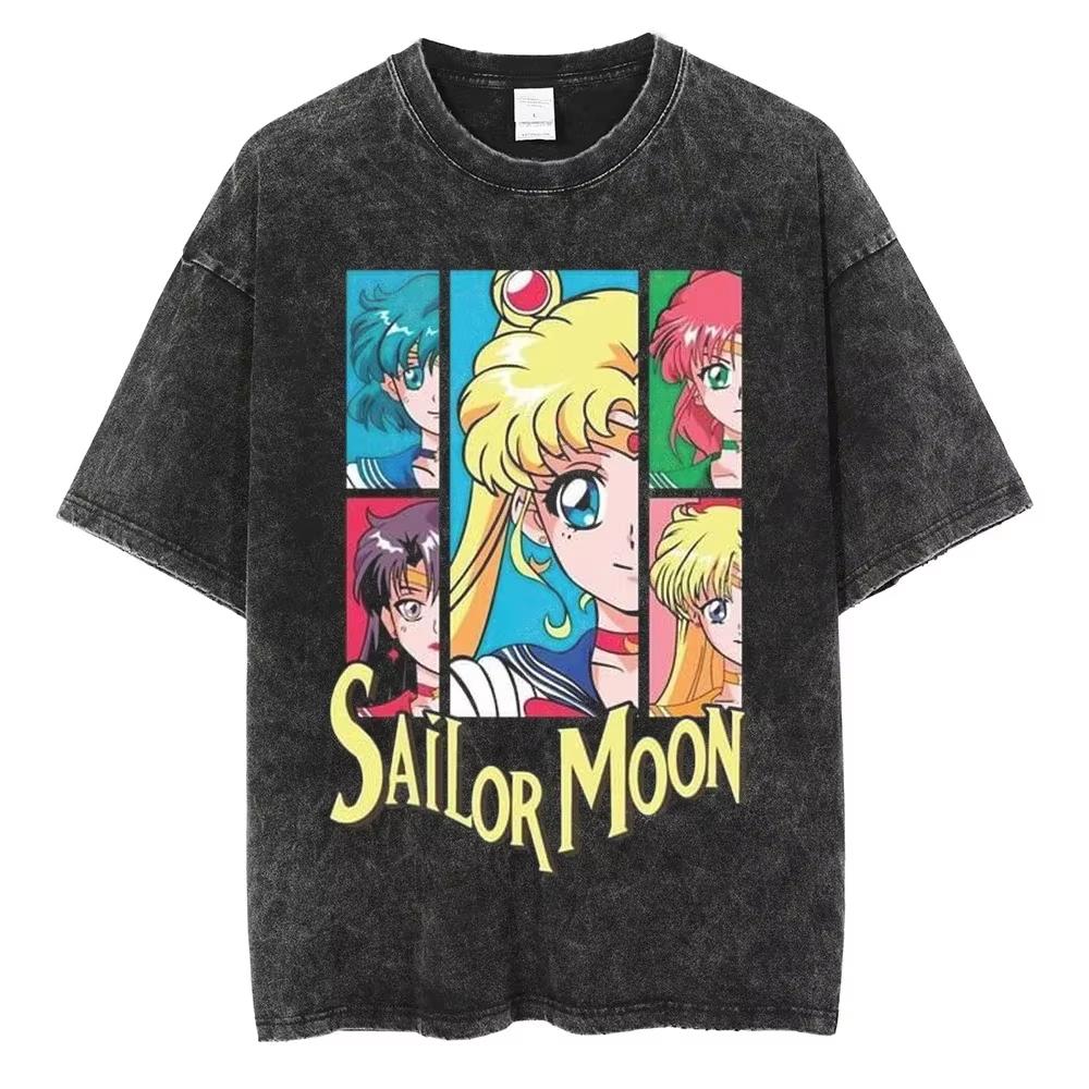 MINISO Maglietta Lavata Stampata Anime Sailor Moon Estate Nuova Cotone Uomo e Donna Larga Casual Retro Trendy Manica Corta Top