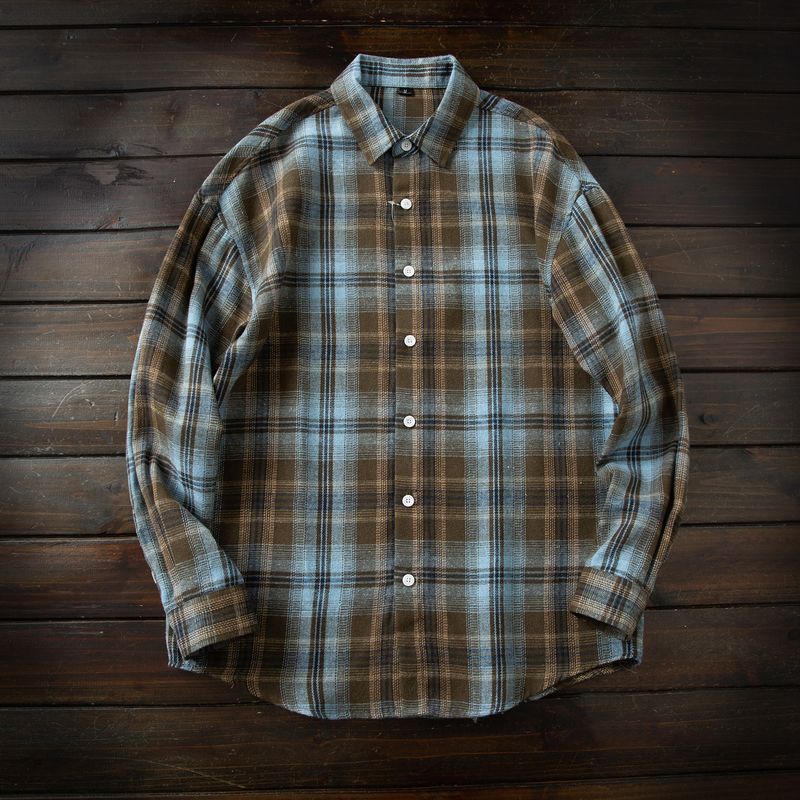 Japan fashion Order! Soft Glutinous Color Grid Sanding! Four Seasons Men Lapel Loose Casual Long sleeve Shirts Top Outerwear