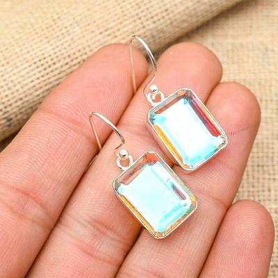 Mystic Topaz Handmade Gemstone 925 Solid Sterling Silver Jewelry Earrings For Her