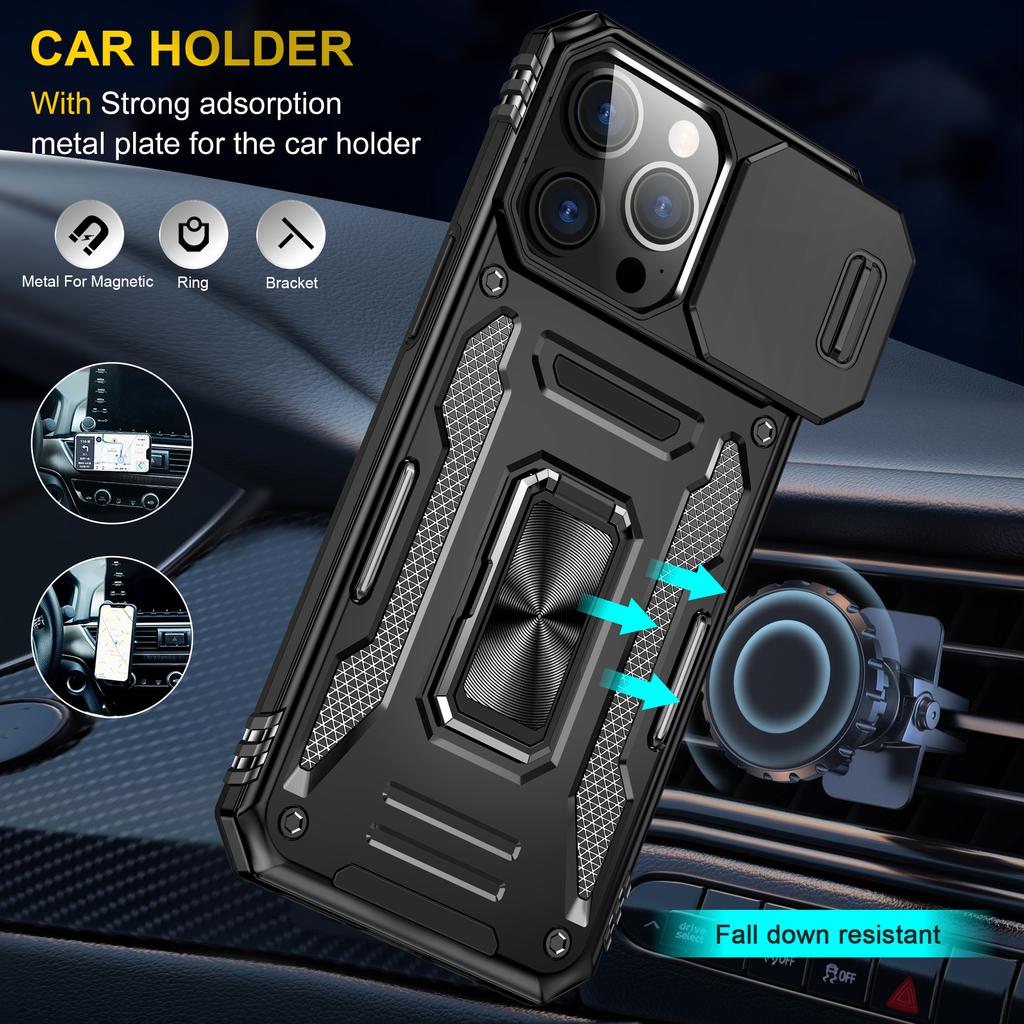 Armor Series For iPhone 16 Pro Case Slide Lens Lid PC+TPU Anti-drop Kickstand Phone Cover