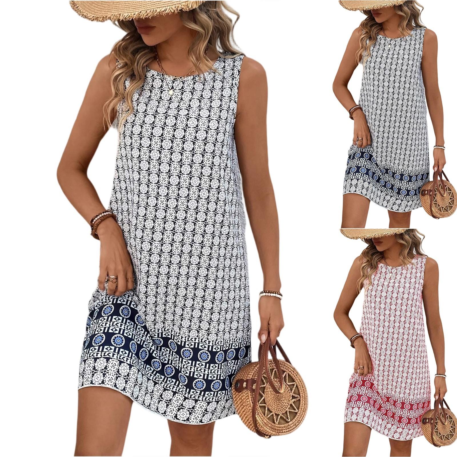 

Women s Summer Retro Round Neck Sleeveless Loose Printed Vest Dress XXL рожевий