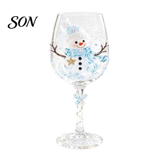 Glasbecher für Weihnachtsfeier Stielglas, Schneemann/WeihnachtsmannKranz/Elch/WeihnachtsbaumHandbemalt, Schneemannmuster Kelch Kreatives Stielglas Feiertag