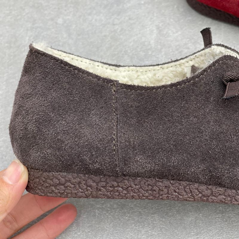 Johnature Retro Plüsch Damenschuhe Rinds Wildleder Flachboden Wildleder Lässig Elastisches Band Warme Baumwollschuhe