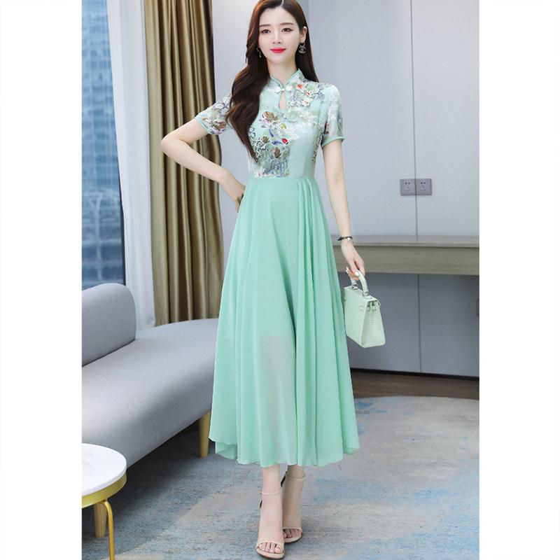 Women Chiffon Dress Chinese Style Printing Stand Collar Mid-length Retro Cheongsam Skirt