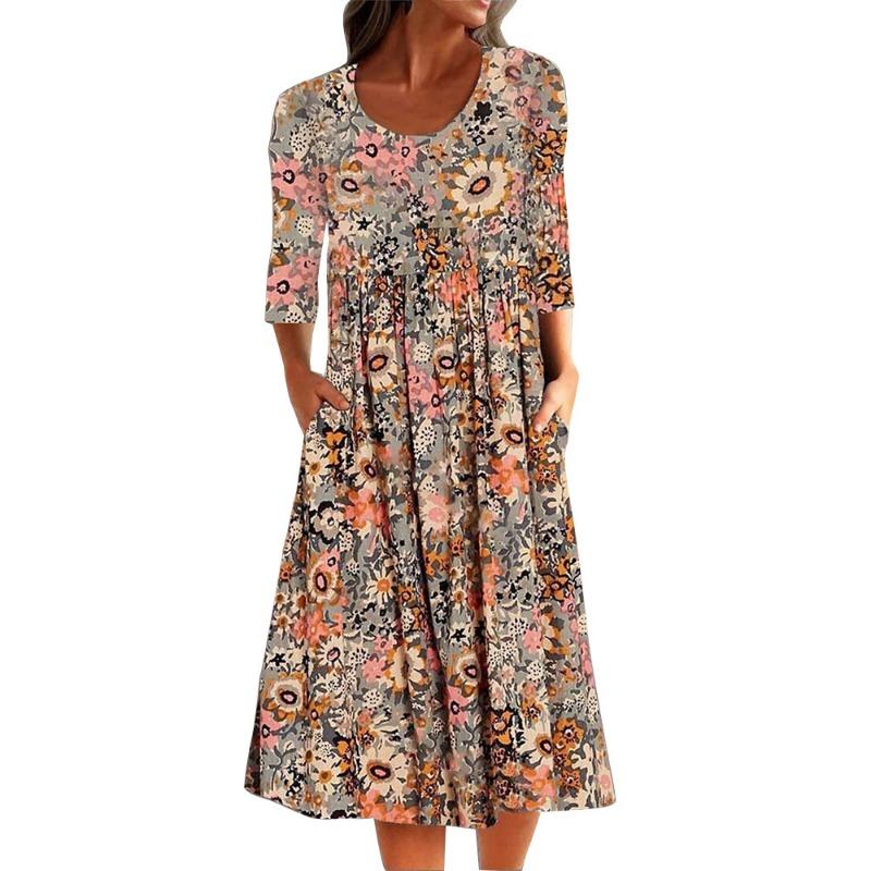 Rochie de damă cu imprimeu floral la modă, mărime mare, buzunar de vară, vintage, lejer, rochii casual pentru femei, elegantă, simplă, cu gât rotund, rochie de damă de birou 24258