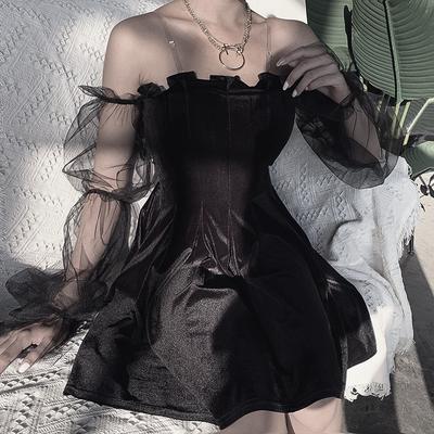 Gothic Sexy Kleid Vintage Schulterfrei Laternenärmel Mesh Patchwork Samt Mini Kleid Dunkles Street Schwarzes Kleid Damen