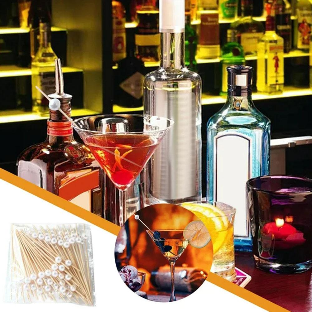 100 Stück Gold Silber Weiß Perlen Bambusspieße Obst Perlen Bambusspieße Party Kuchen Dessert Cocktail Essen Buffet Zahnstocher
