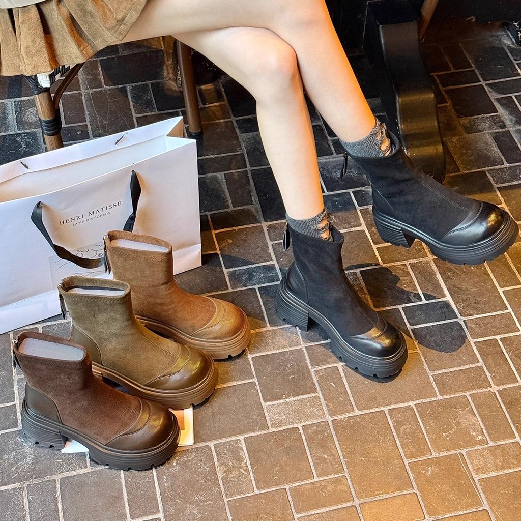 7Cm height-increasing short boots women's thick heel high heel 2025 spring and autumn new versatile Maillard leather Martin boots