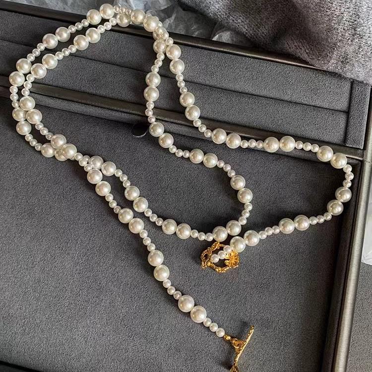 Long Alternating Pearl Necklace with OT Clasp - Stackable Sweater Chain, Autumn/Winter Jewelry (120cm) NL102