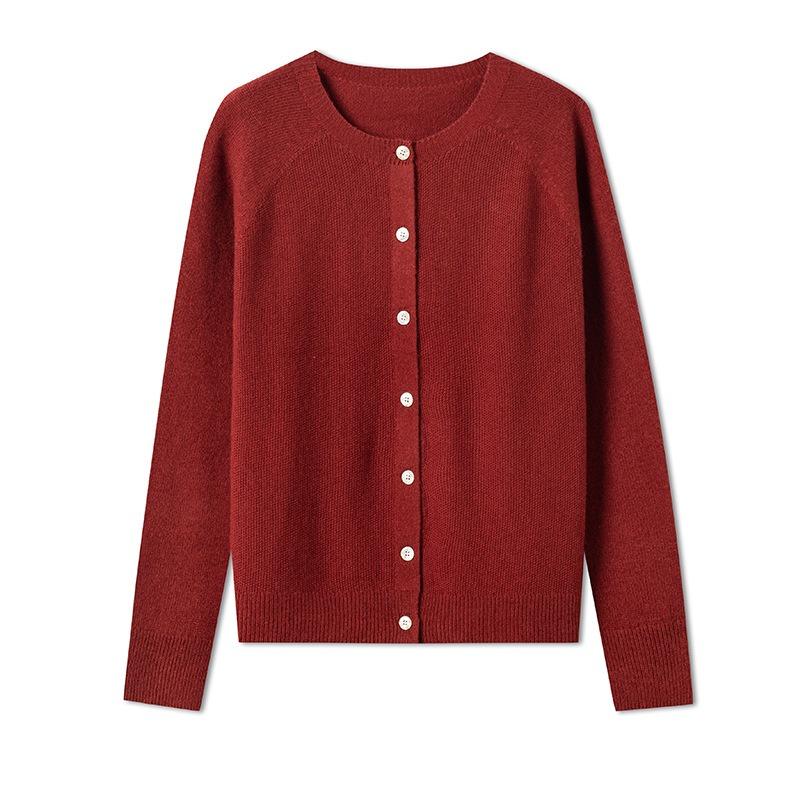 0 Wollstrickjacke Damen Rundhalsausschnitt nahtlos gestrickte Jacke lockerer Rückstrickpullover mit dünnen Herbst-Neuheiten