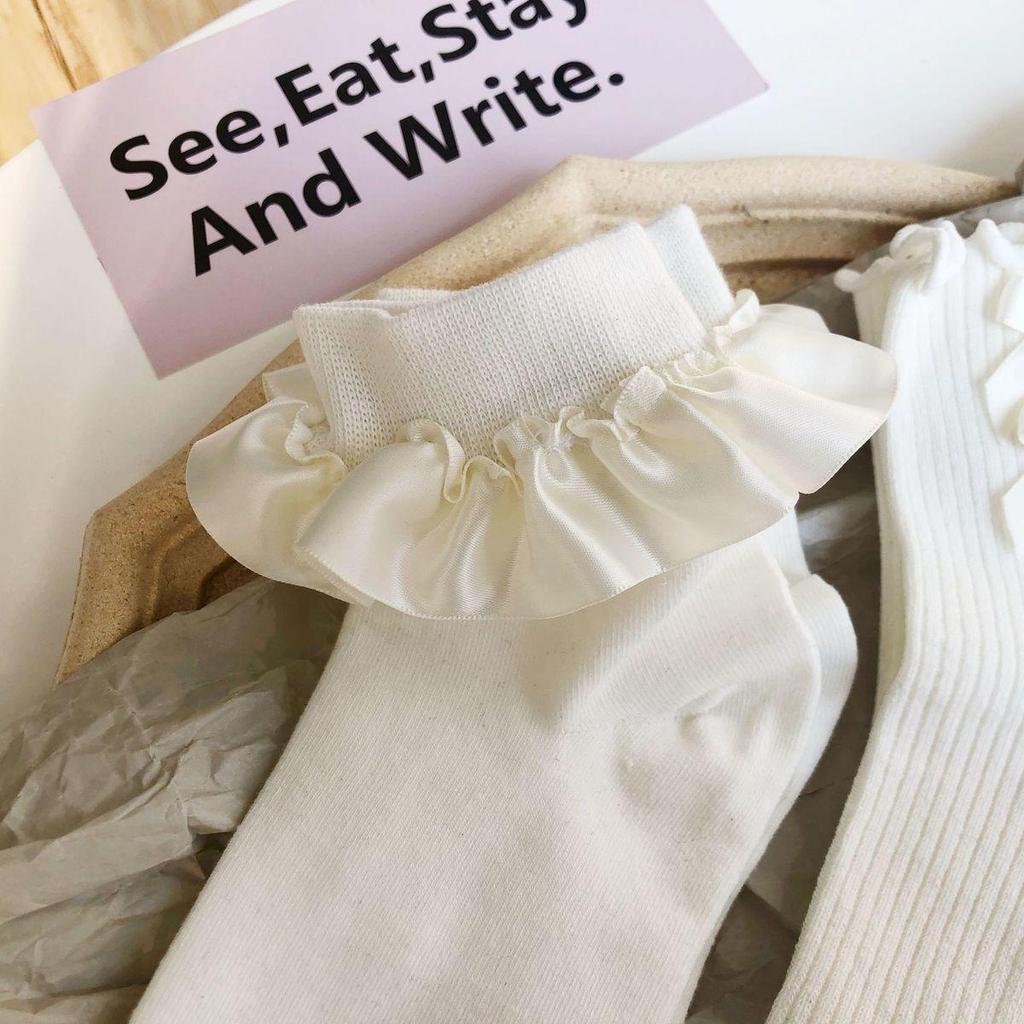 Women's Cute Japanese White Ribbon Bow Lace Mid-Calf Summer Socks