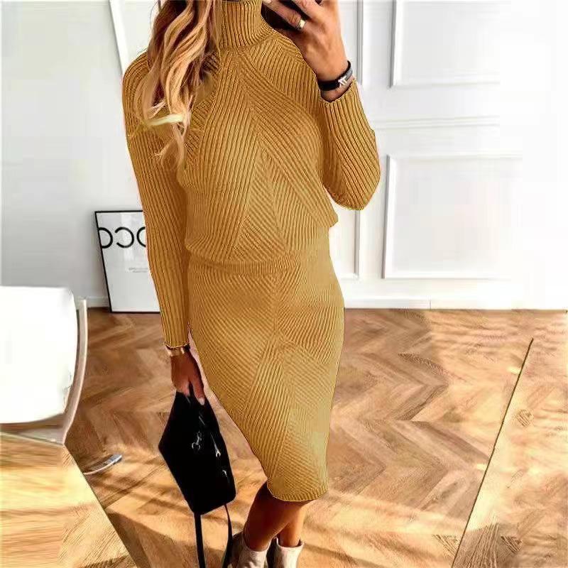 2026 Women's Autumn/Winter Knit High Neck Sweater and Skirt Set - European/American Style