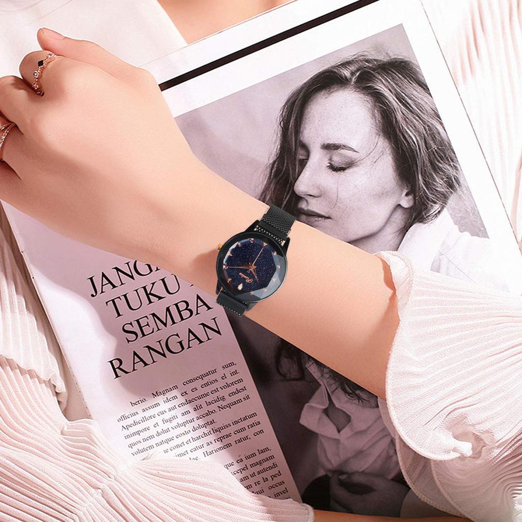 RORIOS Watch Watch Starry Sky Dial Glitter Waterproof Mesh Band Magnetic Buckle Quartz Casual Stylish Commuting To Work or School Black Women's