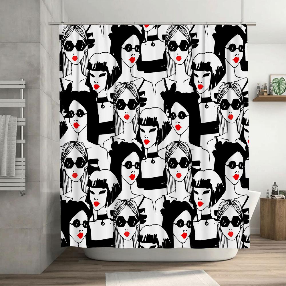Stylish Black White Women Fashion Pattern Shower Curtain For Bathroom Decor Unisex Waterproof Fabric Bath Mats With Hooks Set Be